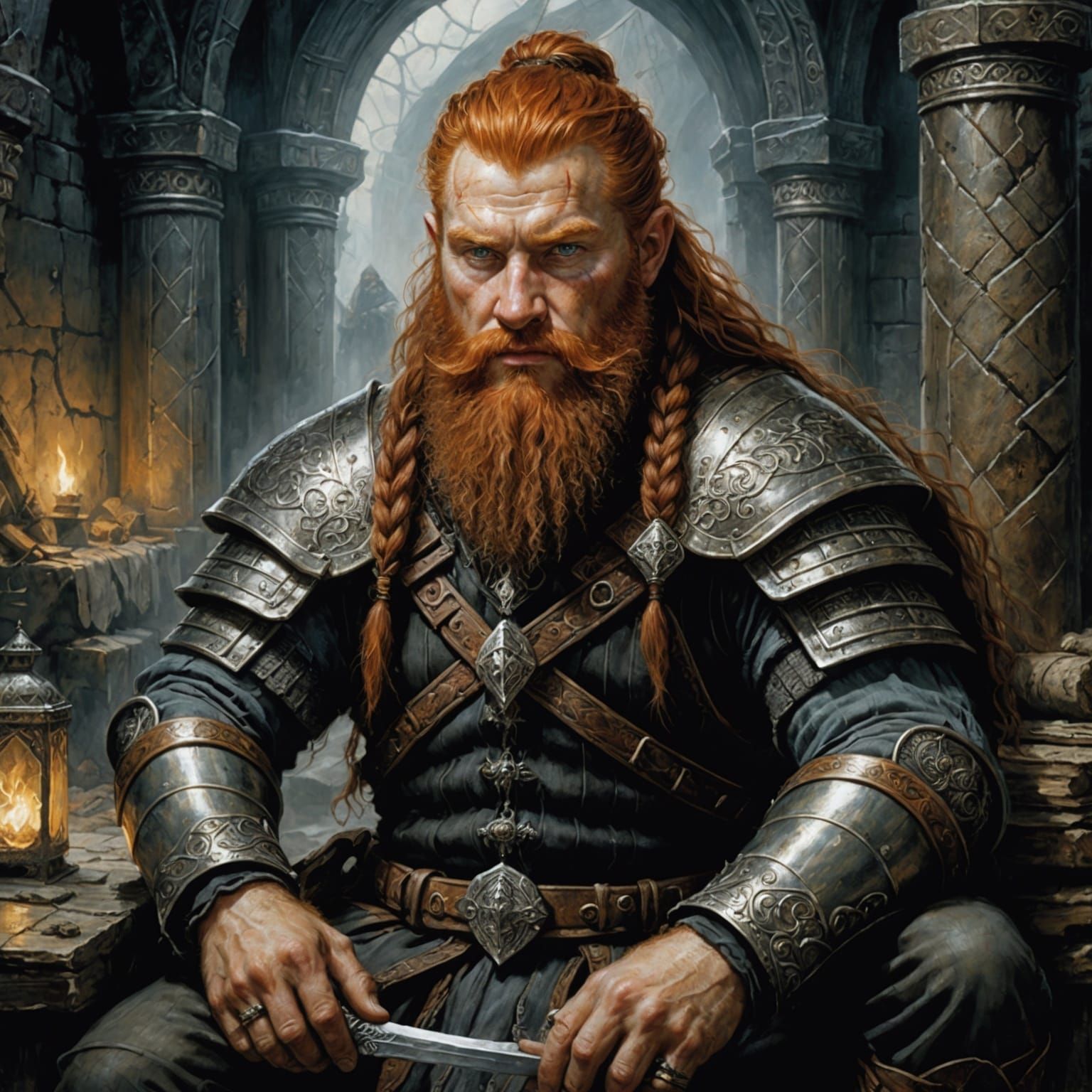 Portrait of a ginger bearded dwarf warrior sitting in Moria halls.