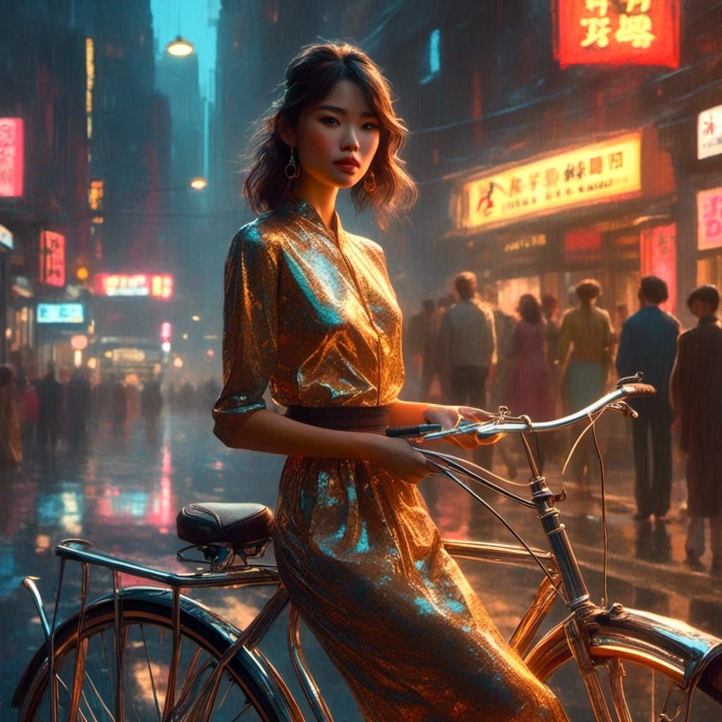 <lora:Aura:1.0>A modern Chinese woman with a bold red lip color and short, stylish hair stands confidently in the heart of a bustling citysc...