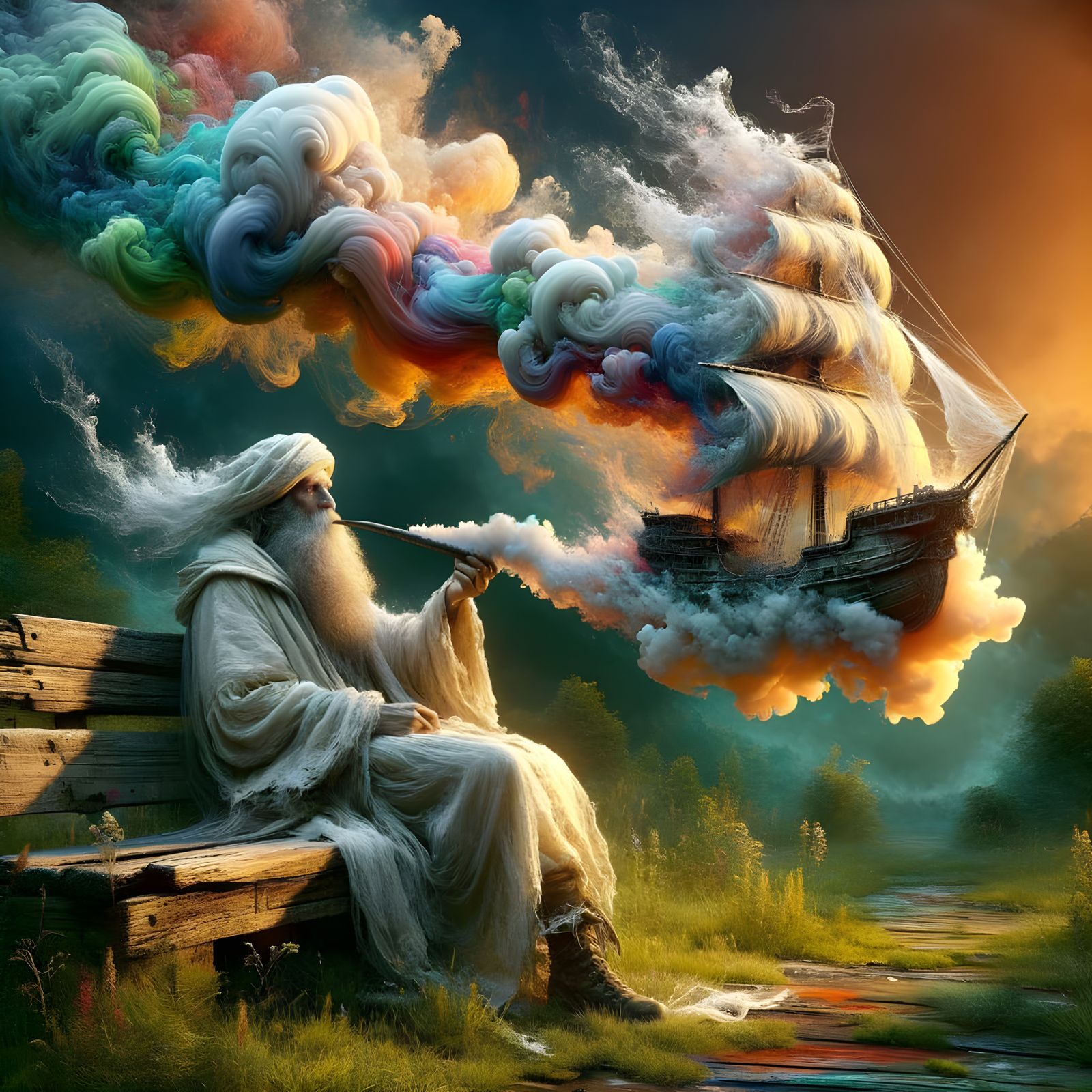 Ethereal Fantasy Sage Contemplates in Whimsical Twilight Sce...