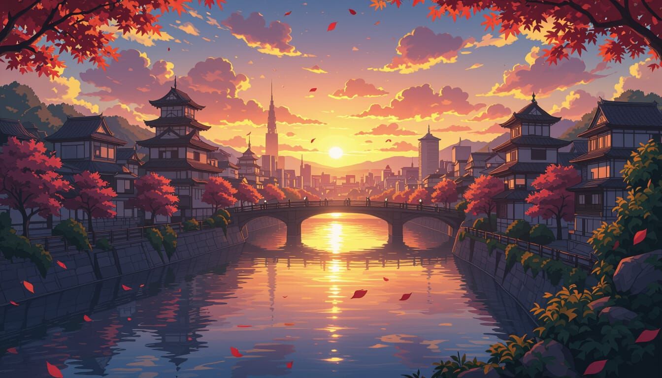 cool sky line with city and falling leavs at sunset  fantasy with river cool landscape and fantasy city Masterpiece, Best Quality, flat, Man...