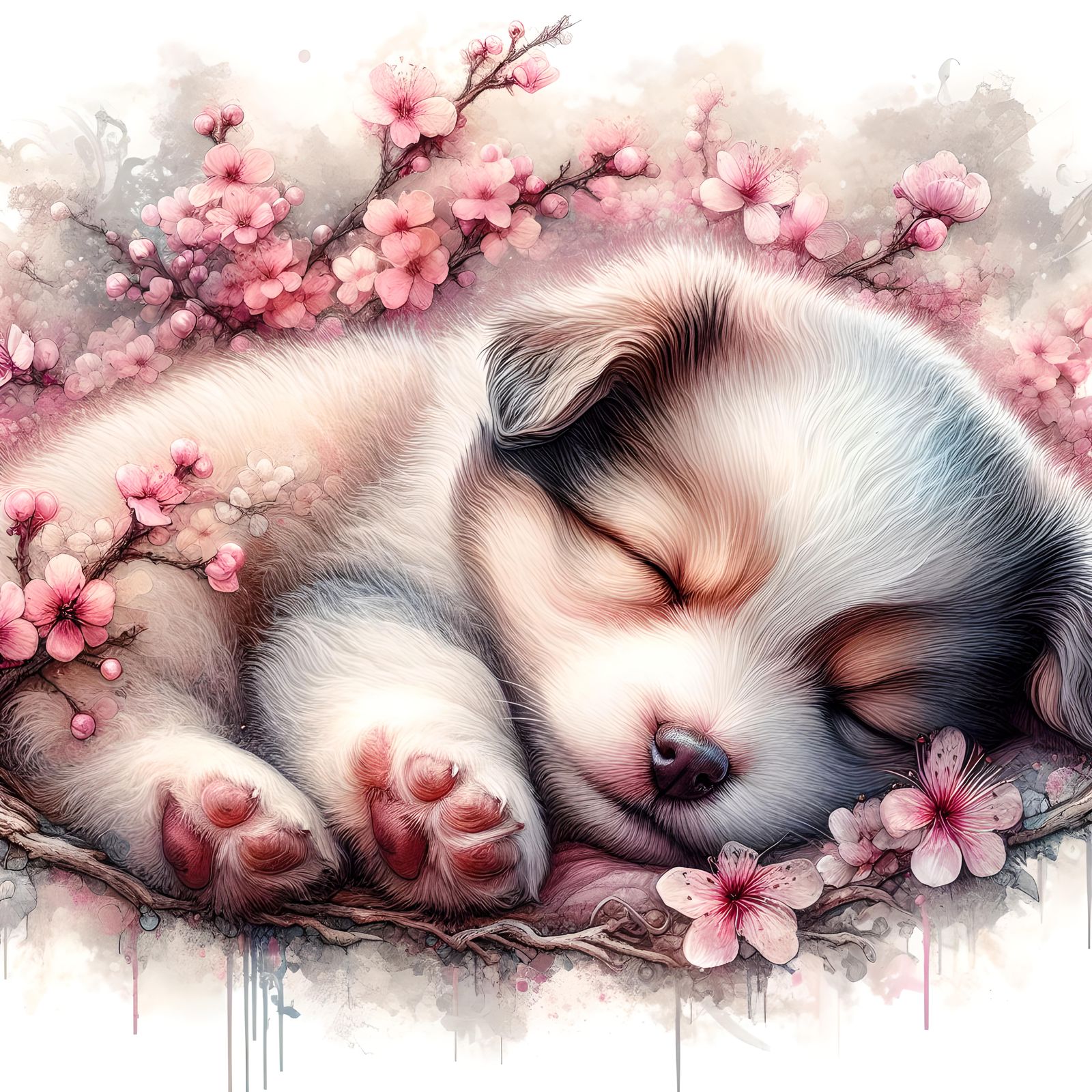 Sleeping Puppy, splashy Watercolour art by shs_kenya, Waterhouse, Josephine Wall, WLOP