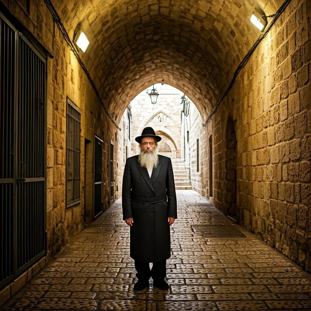 Ultra-Orthodox Man in Jerusalem Alleyway, Dystopian Style