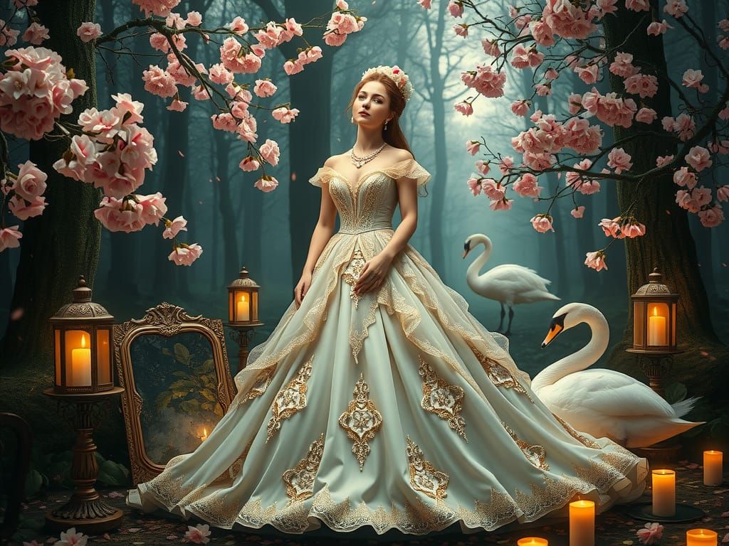 Victorian Woman in Mystical Forest with Swan