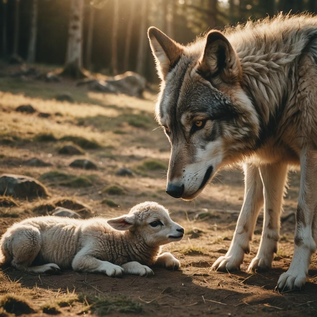 Wolf Pets Lamb in Cinematic Film Still
