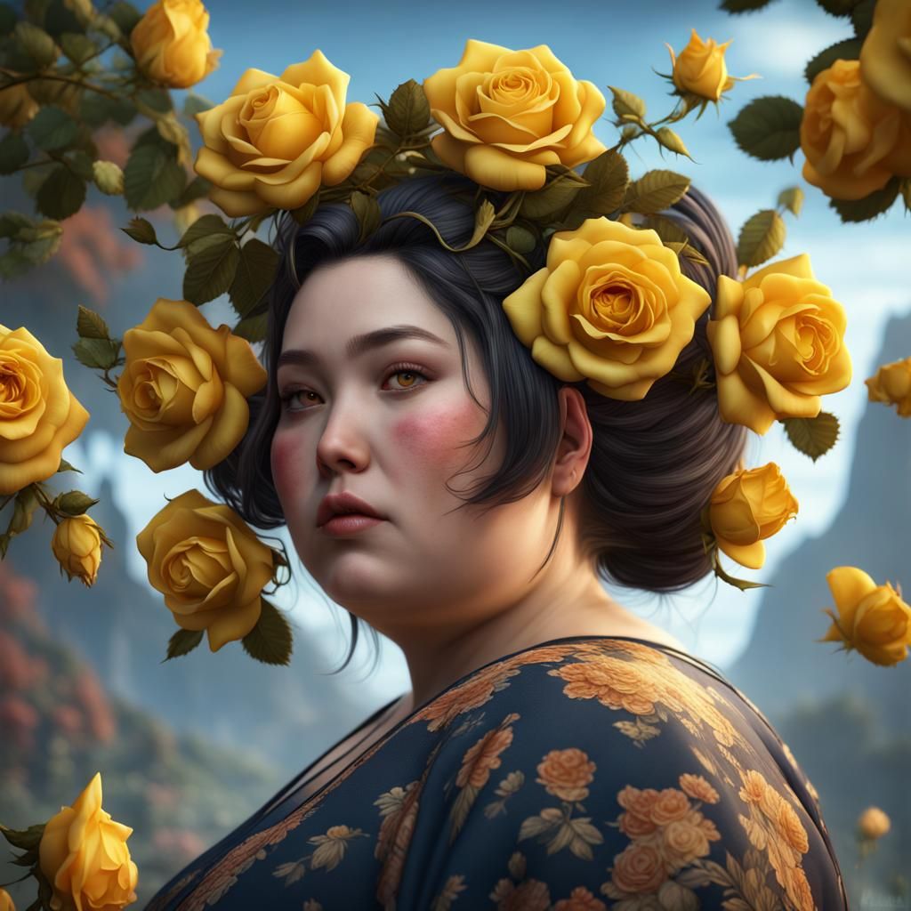 Kind Obese Girl with Japanese yellow roses in her hair