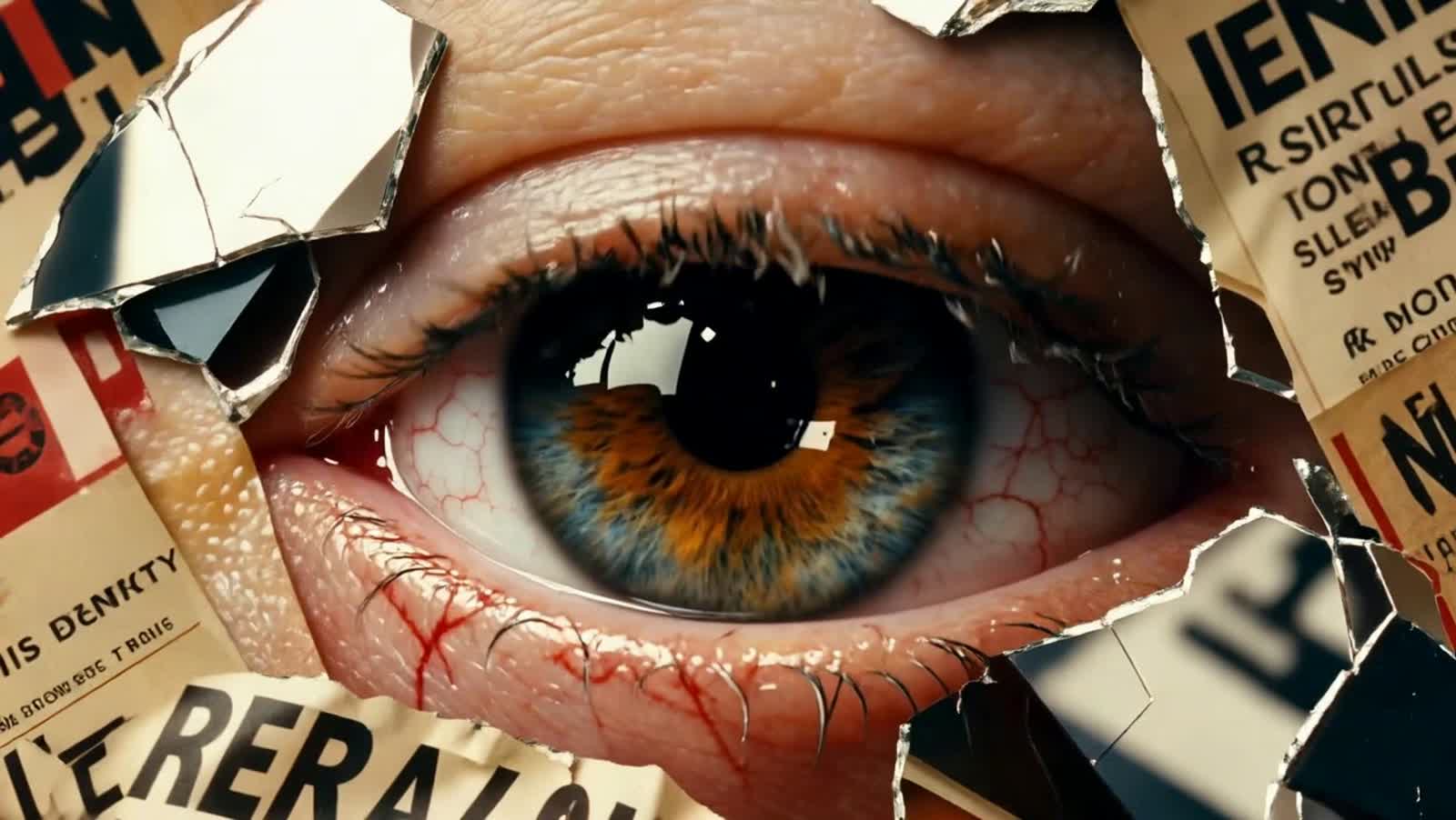 A giant hyper-real eye opens in a textured landscape of protest posters and fractured mirrors. The pupil dilates, pullin...