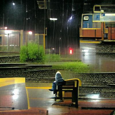 waiting at the train while it rains at night