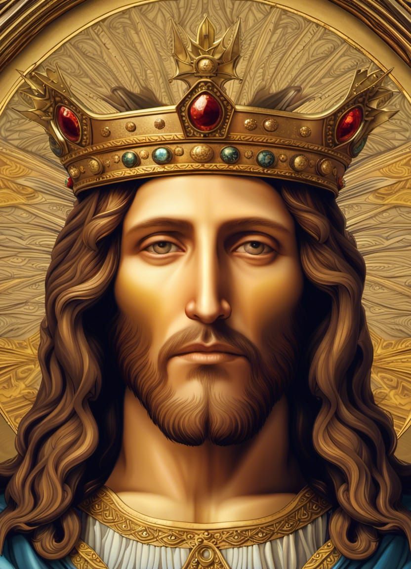 symmetrical full face Close up portrait of a crowned Jesus Christ. gold ...