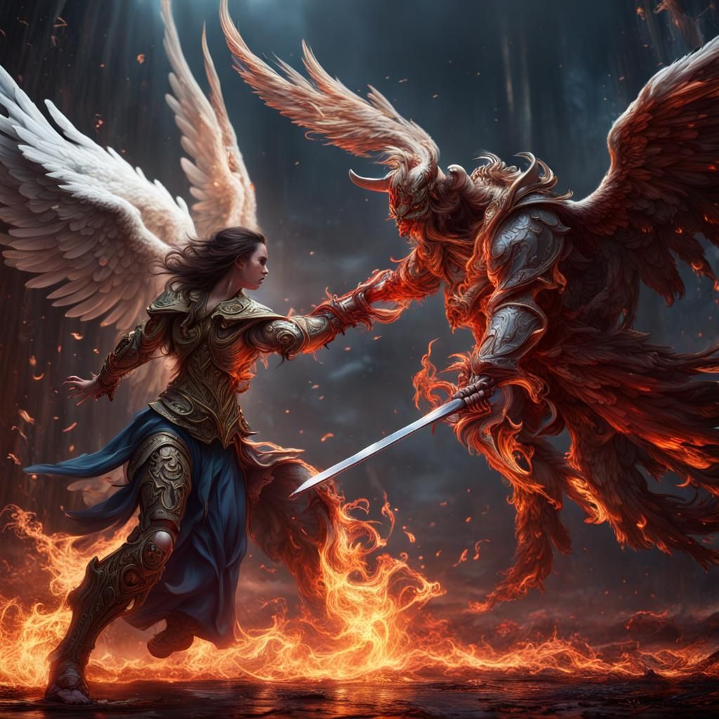 The angel fights the demon, grandiosely, epically, powerfully. bright ...