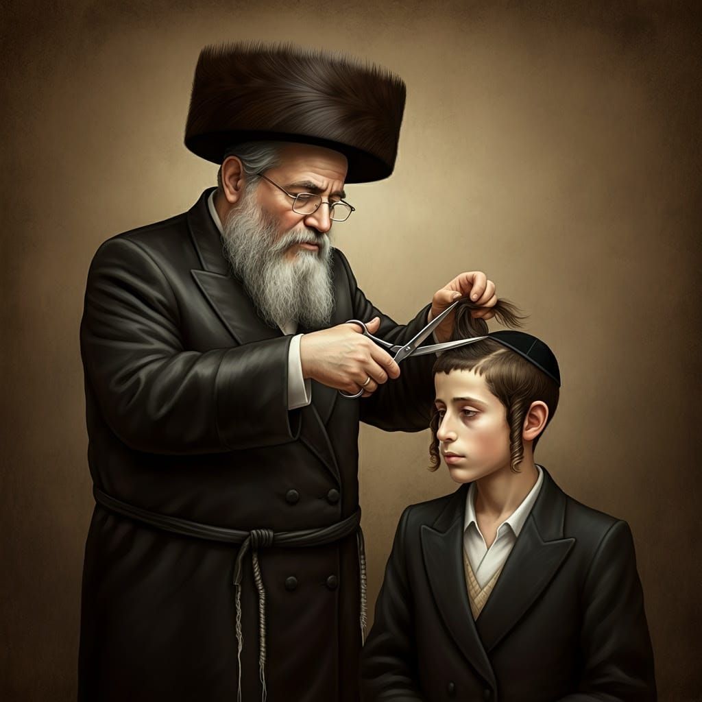 Traditional Hasidic Rebbe Trims a Young Boy's Peyot in a Sep...
