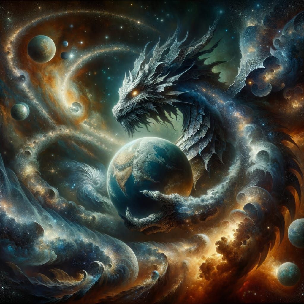 A colossal, ancient dragon made of stardust and nebulae, coiled around a crystalline planet in the void of space. Its sc...