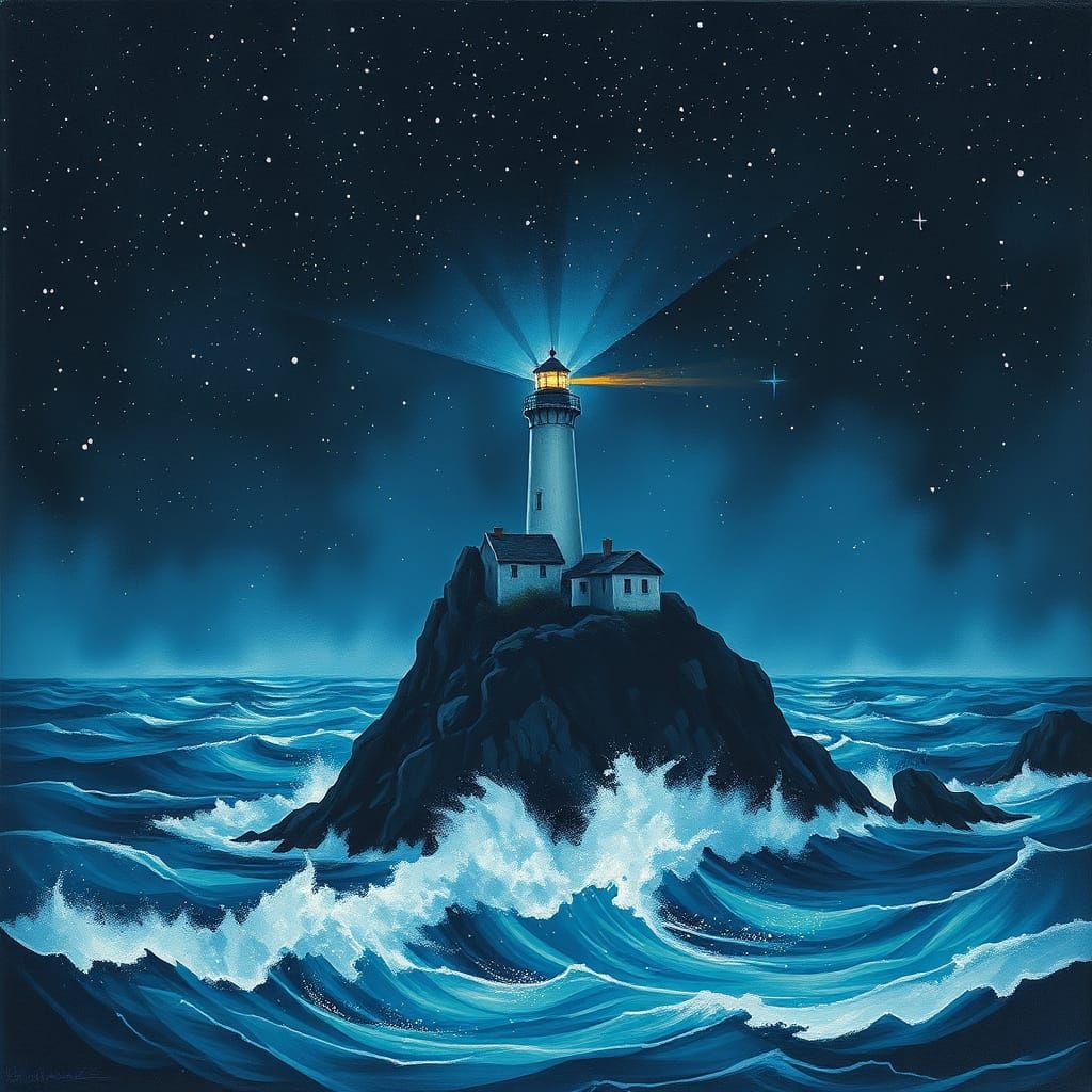 A solitary lighthouse standing on a jagged cliff edge, its beam cutting through a turbulent, star-filled night sky. The ocean below churns w...