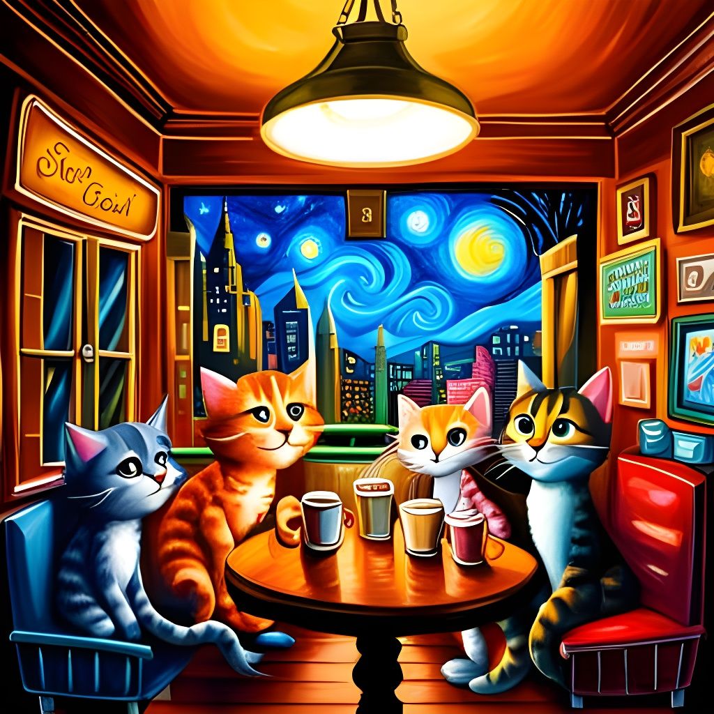 NightCatfe: Cats and Coffee Inside, a Starry Night Outside  by @Ren