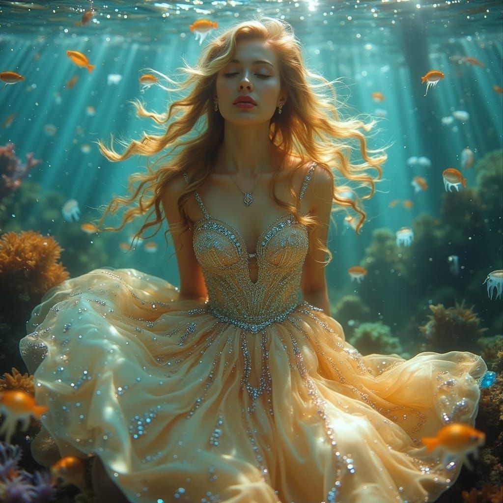 <lora:Starry eyes:1.0> A serene young woman with a soft, enigmatic smile and cascading golden locks, adorned in a resplendent evening gown w...