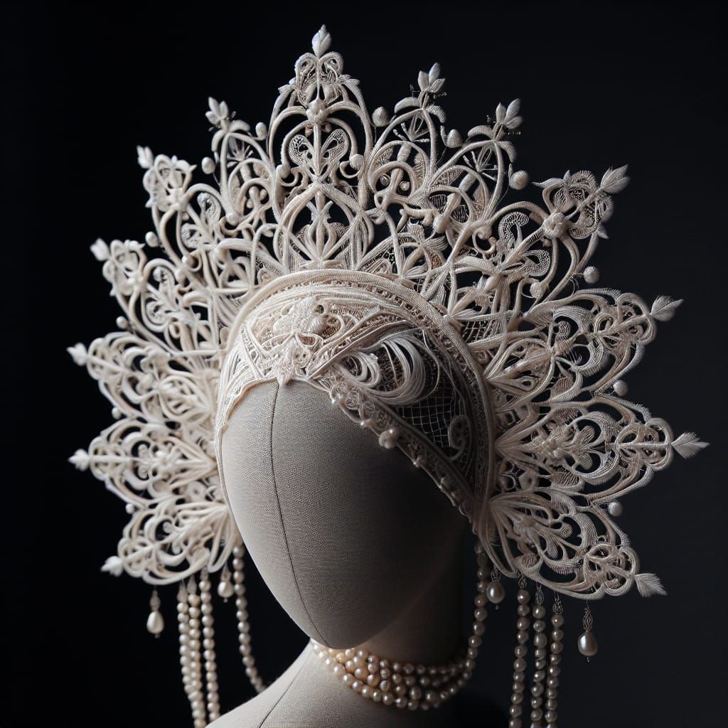 Beautifully hand-stitched ivory lace French hood inspired Ko...