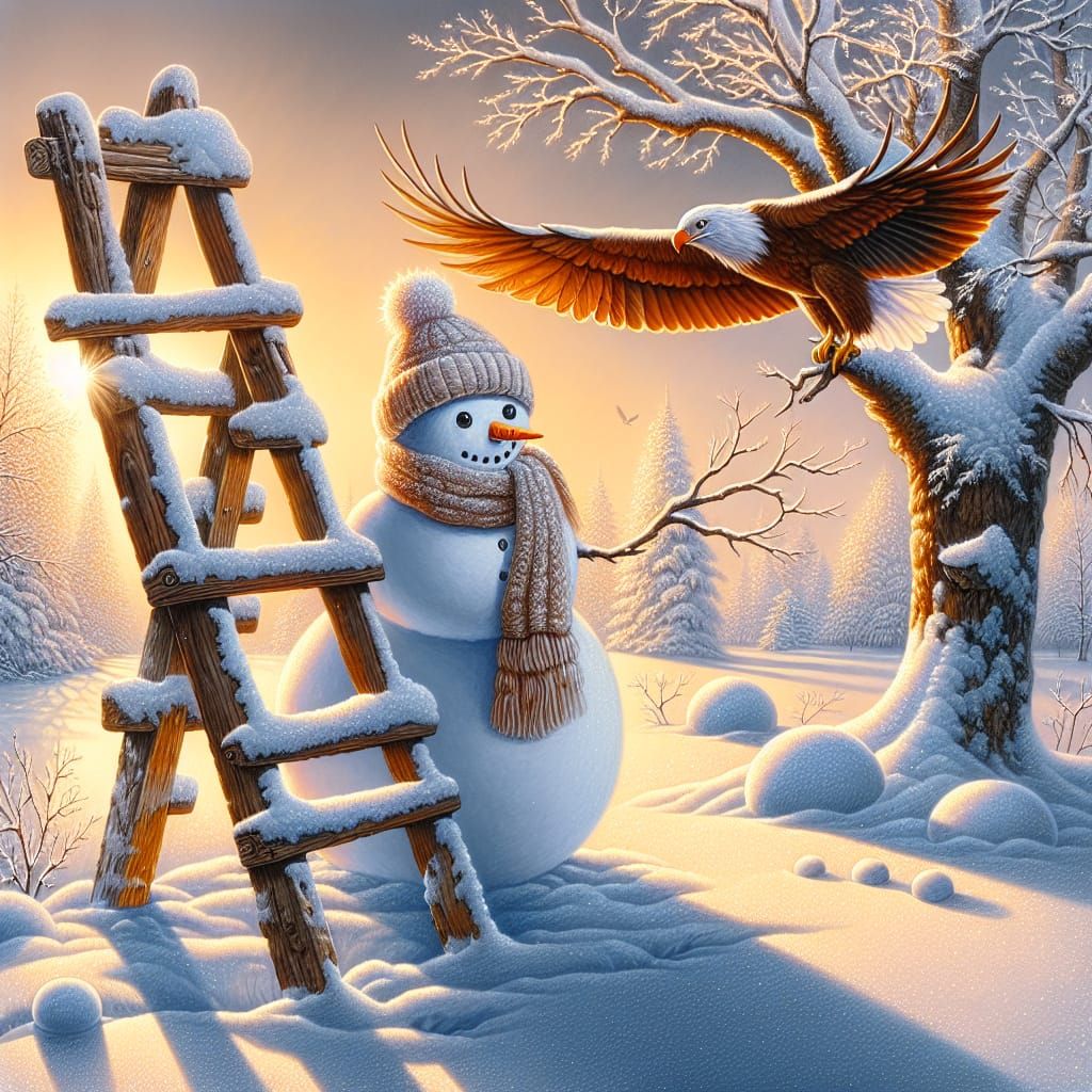 Snowman, Eagle, and Winter Serenity in Golden Light