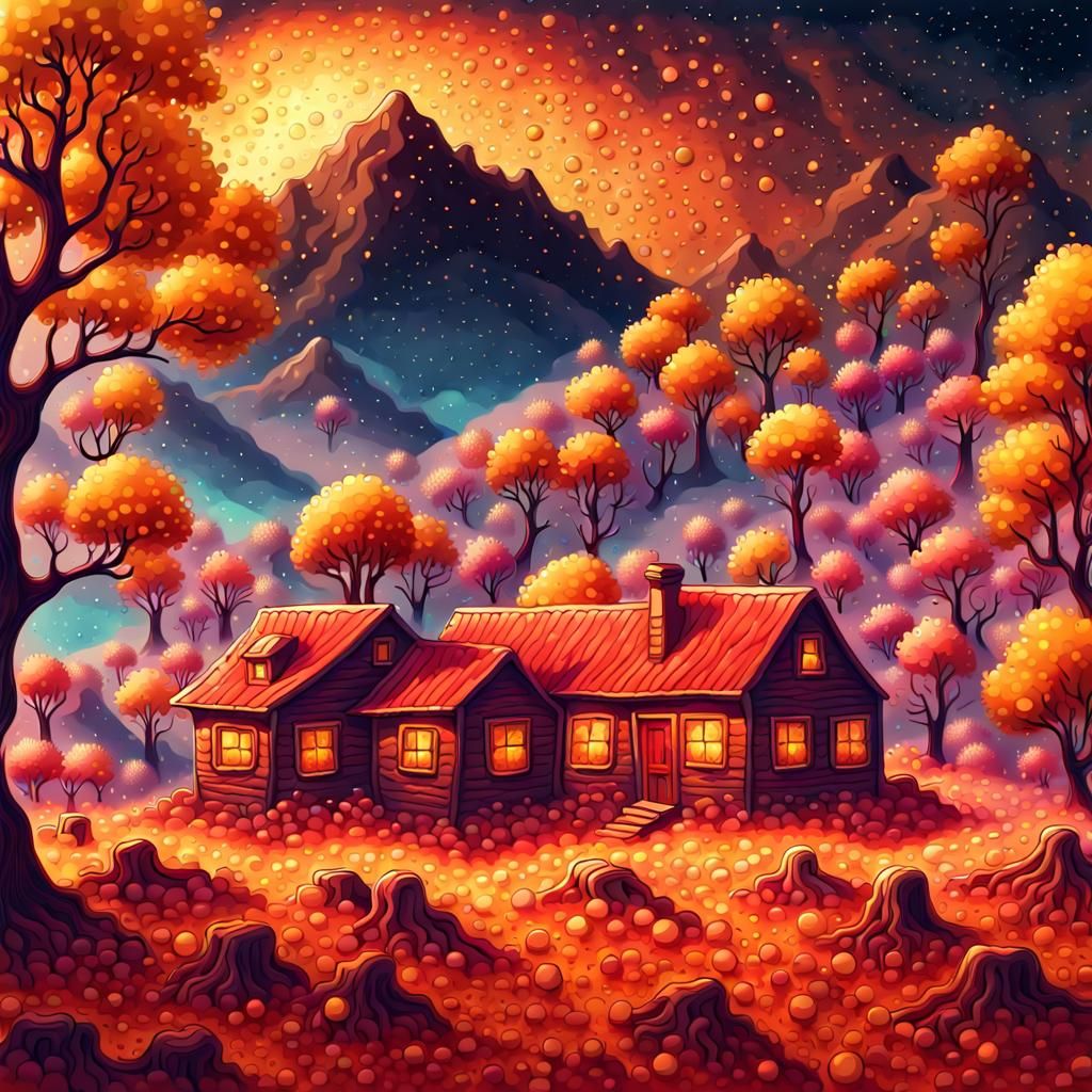 trippy psychedelic. artistic style pointillism. tiny yellow ...