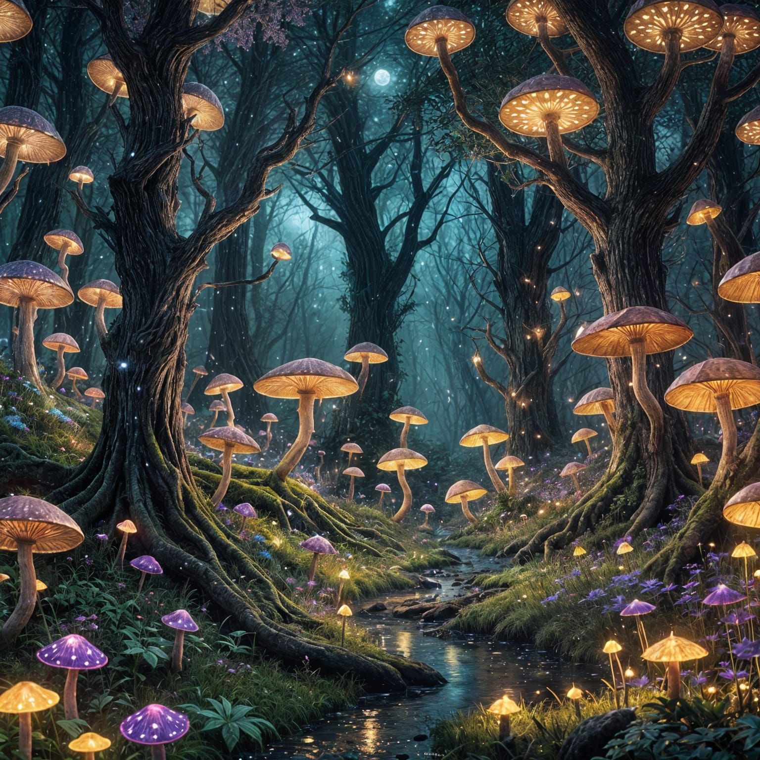 Create dark magical woodland scene. Night time. Mostly purpl...