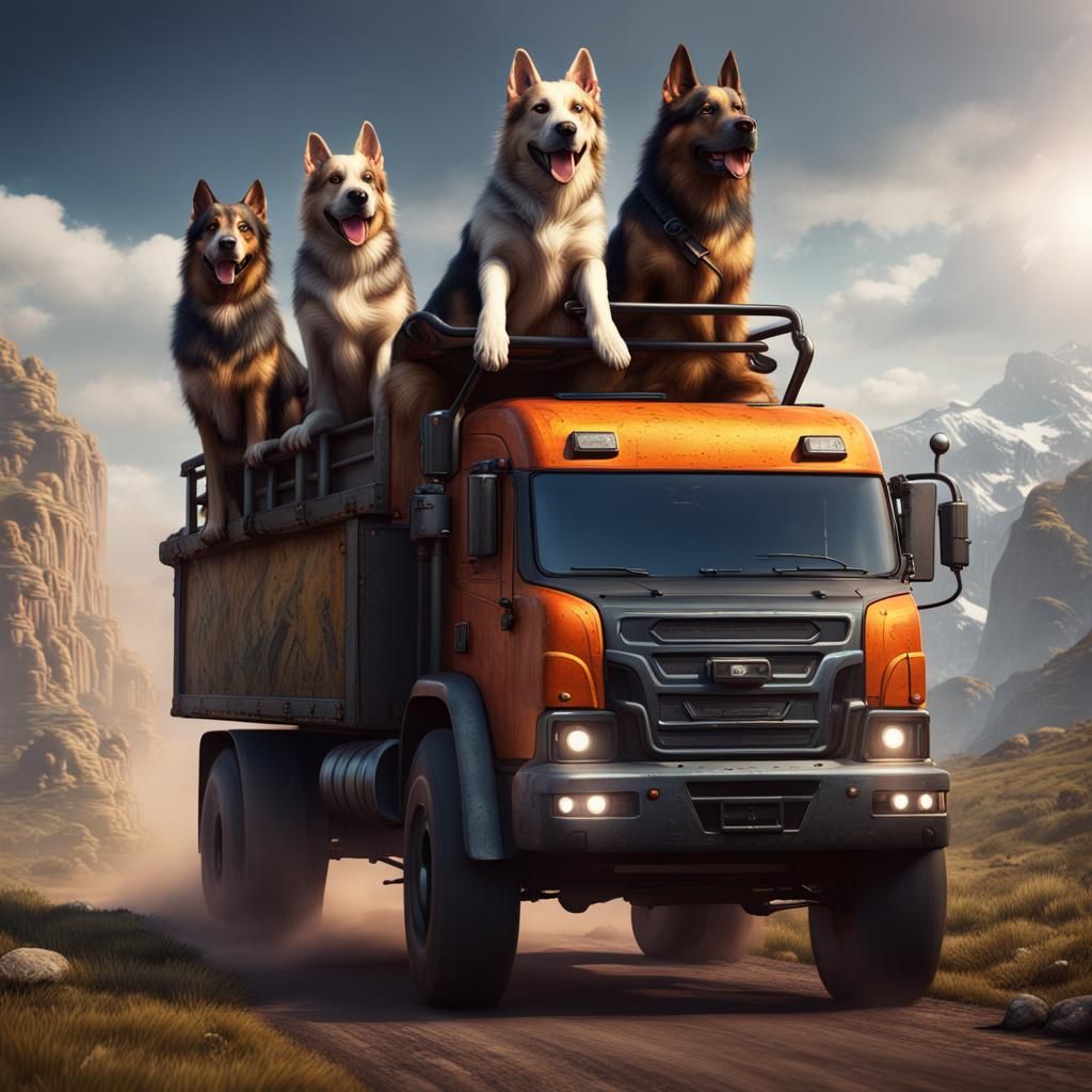 four wheel driving truck with big dogs on the back