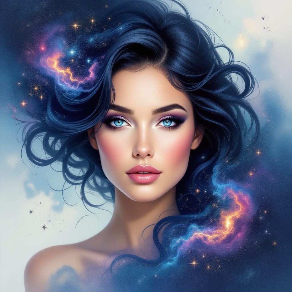 A surreal portrait of a woman whose hair seamlessly transitions into a swirling nebula of cosmic dust ...  by @Tim