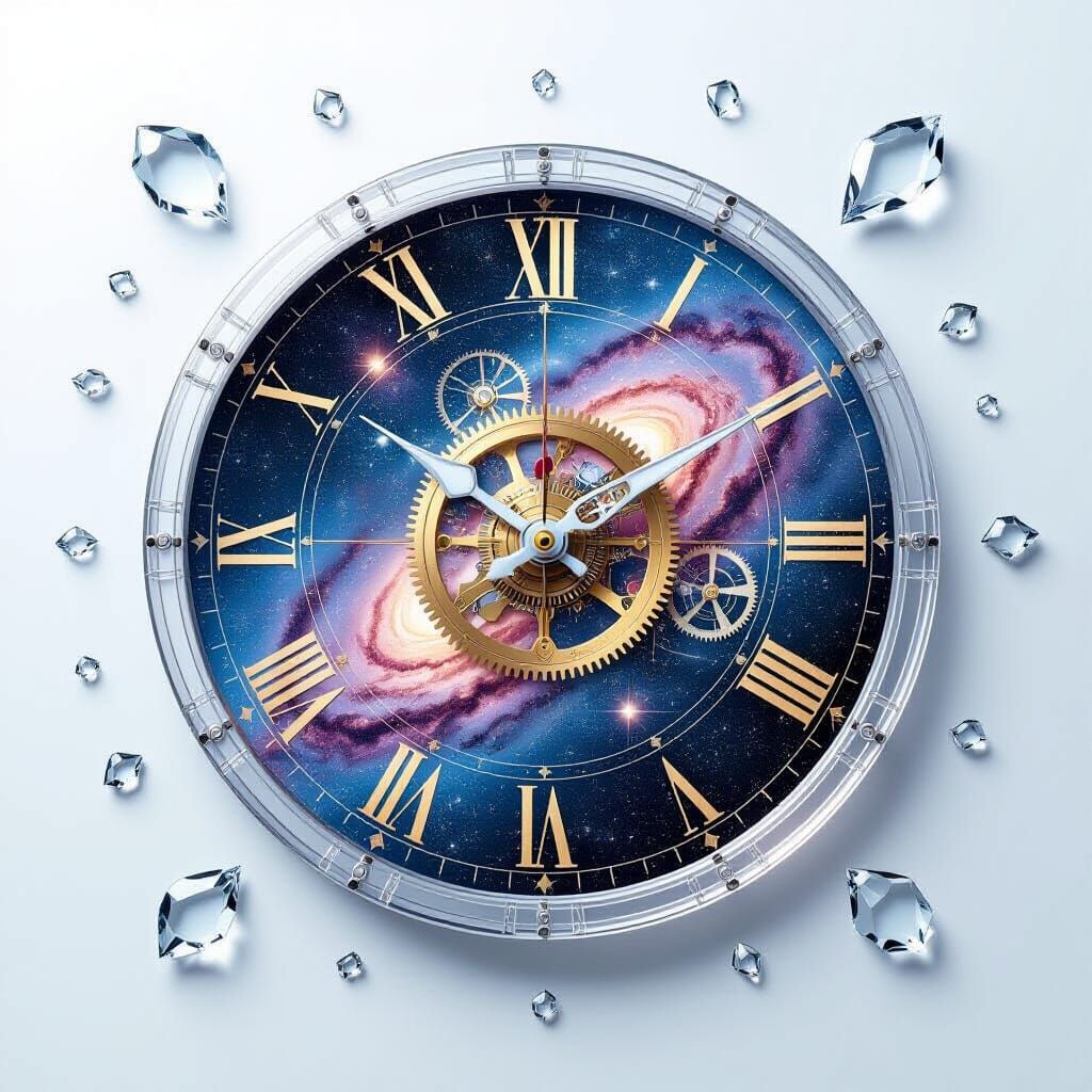Mechanical Clock Overlapping a Galaxy in Cinematic Style