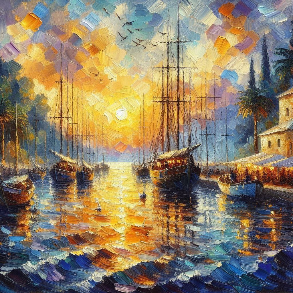 Impasto Seascape Oil Painting (Jetty, boats, river, village,...