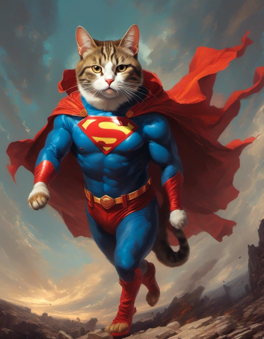 <lora:firey:1.0> a cat dressed as superman, concept art, pai...