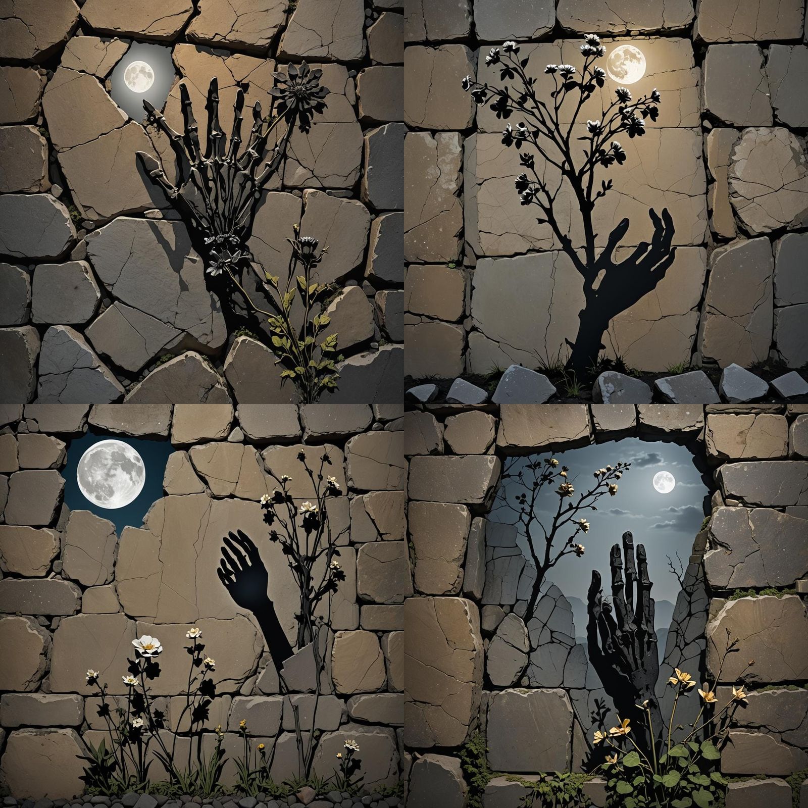 a crumbling stone wall bathed in moonlight.  Upon closer ins...