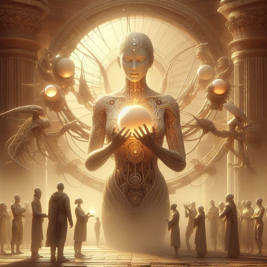 majestic transhumanist woman sculpture