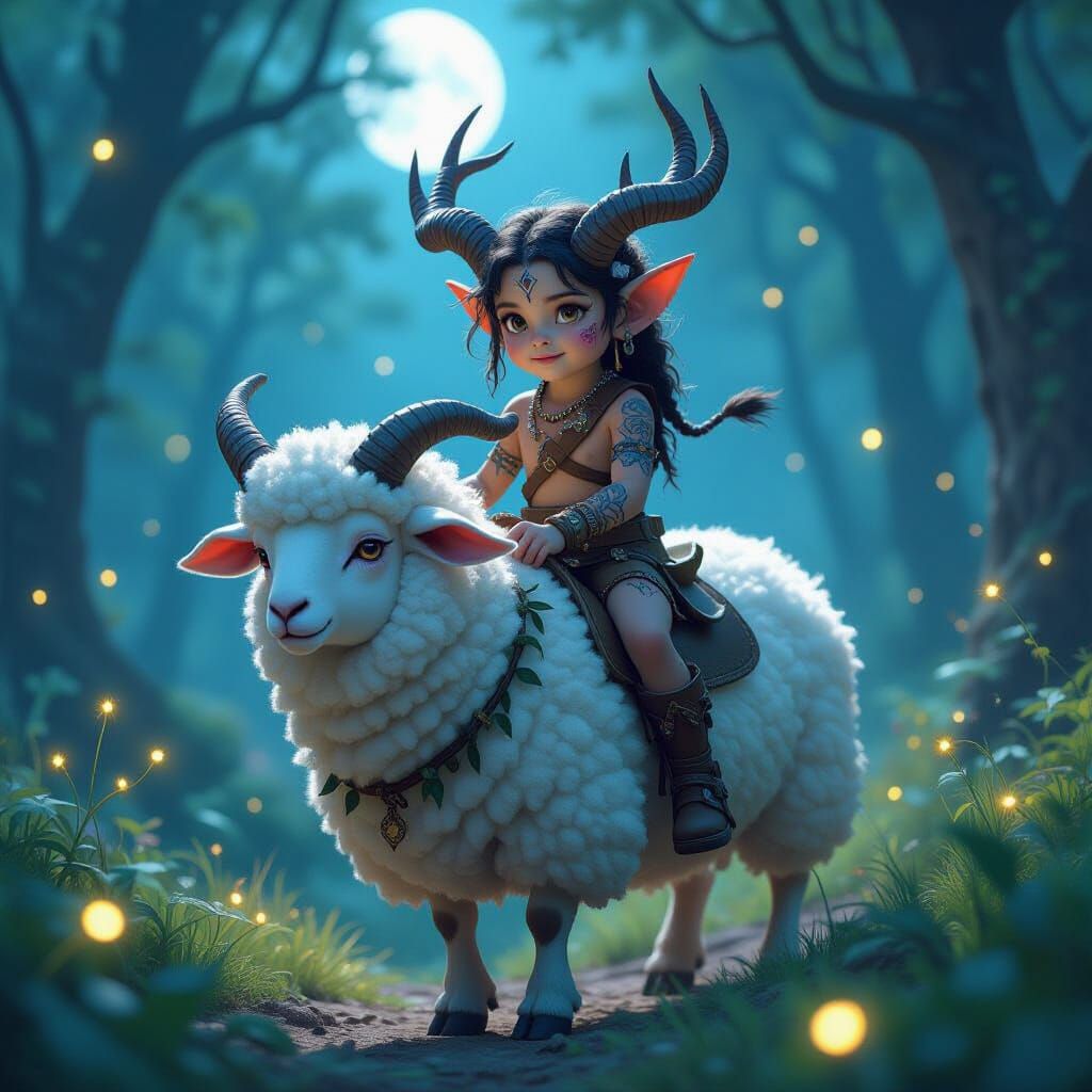 Mischievous satyr child riding a fluffy white sheep  by @Vertebra