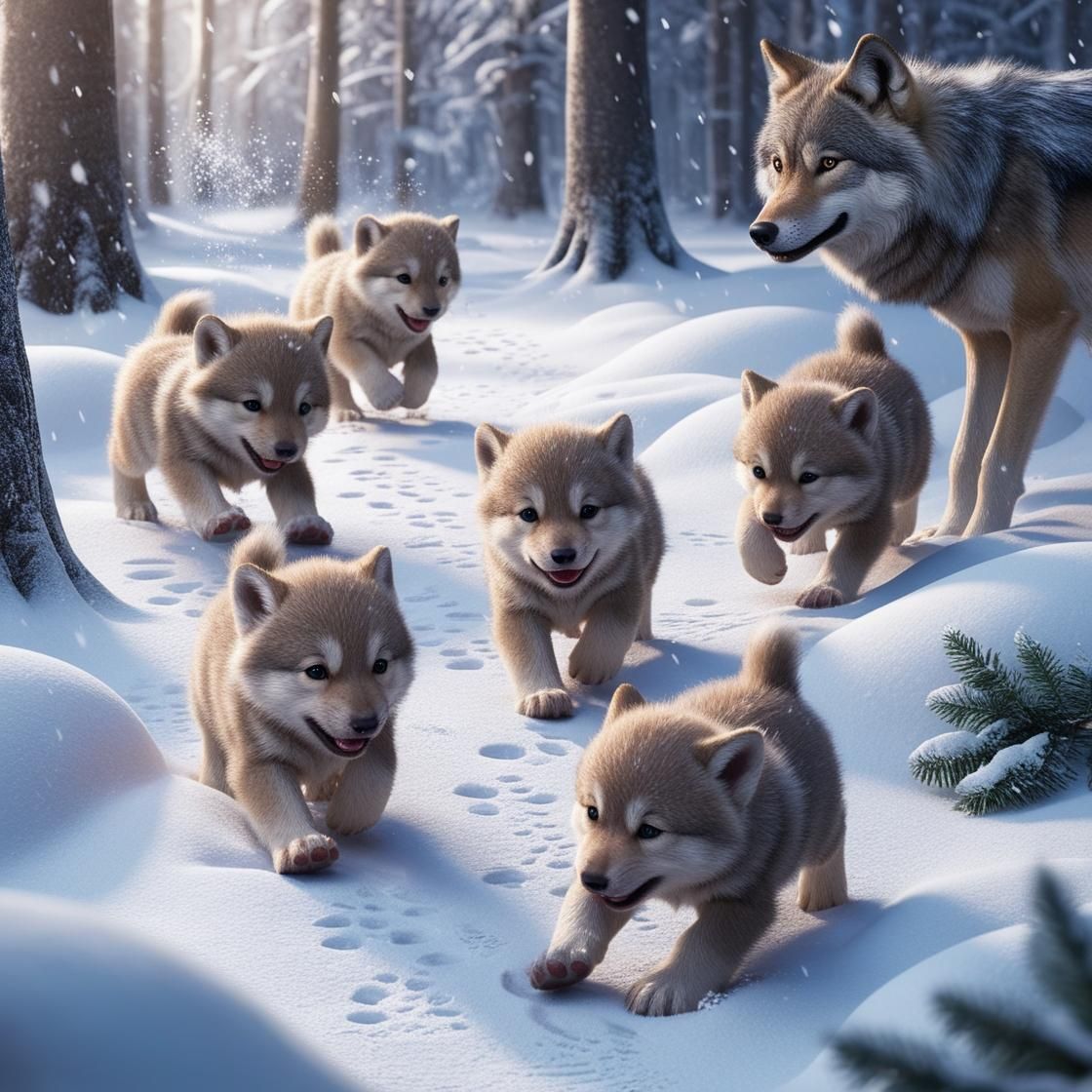 Wolf Cubs in the First Snow