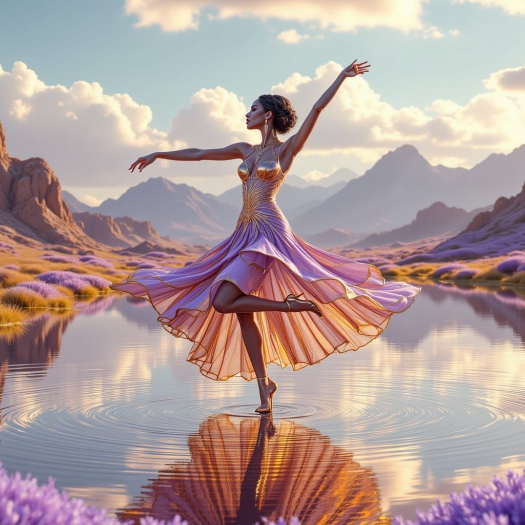 <lora:True Bioluminescence:1.0>   A goddess-like dancer suspended mid-pirouette against an otherworldly landscape of shimmering ferrofluid f...