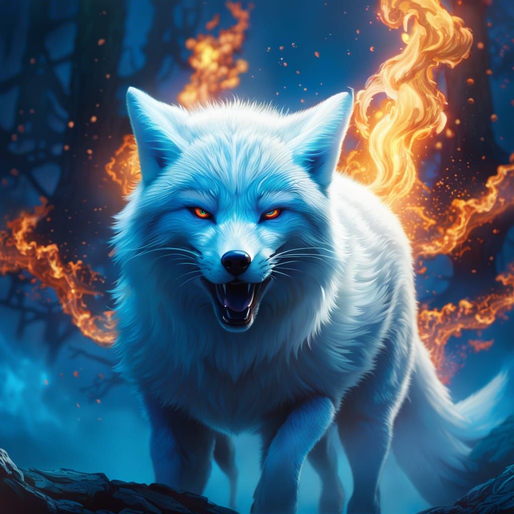 Angry white fox stalking out of blue fire low shot