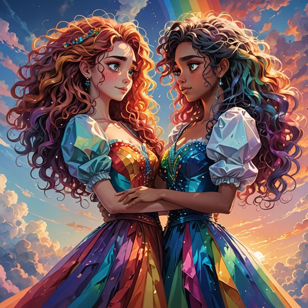 Two women standing next to each other, holding each other, e...