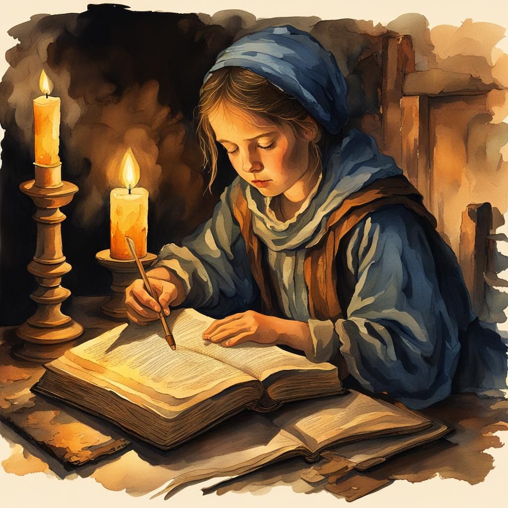 A poor girl dressed in rags is studying in an old book by candlelight  by @Jef