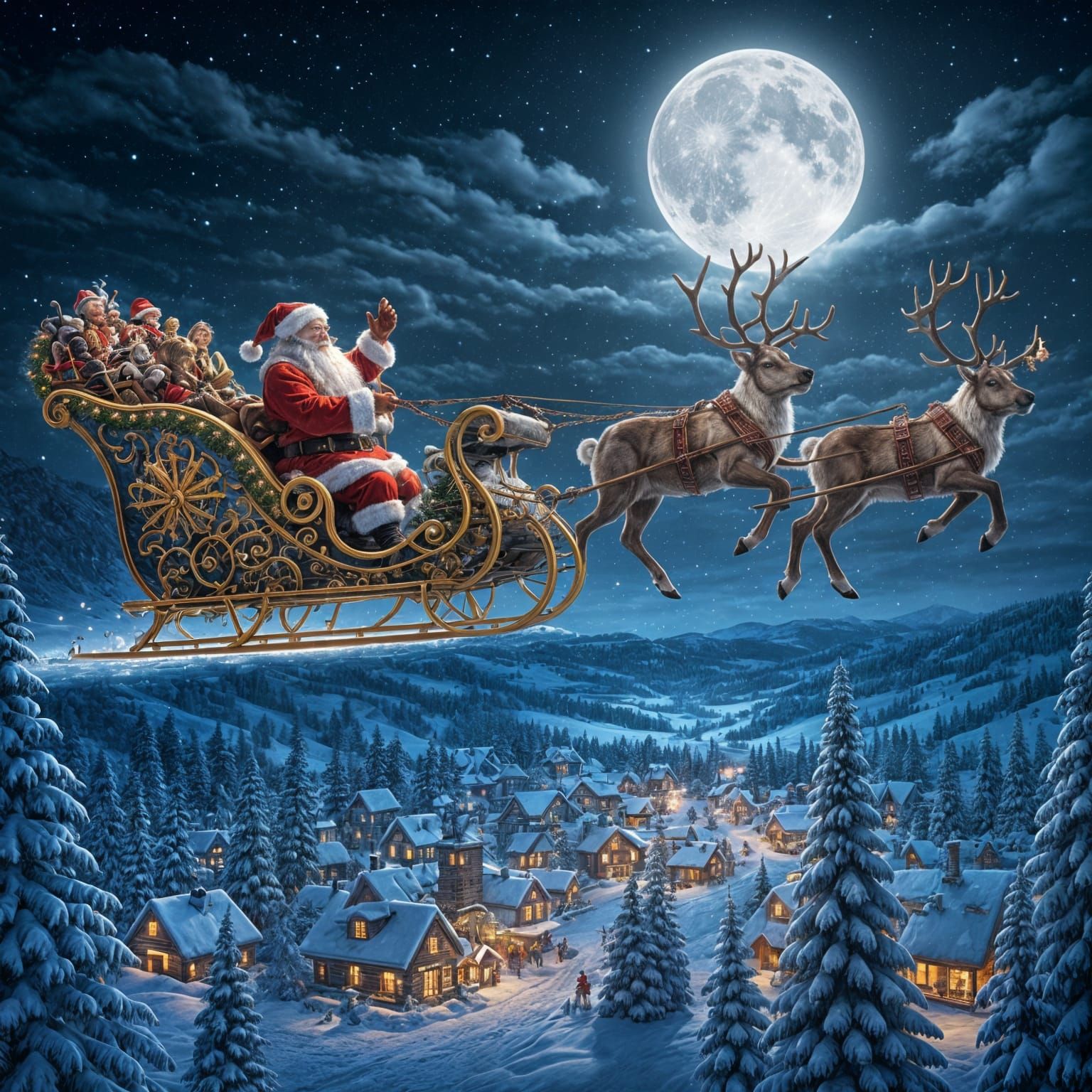 Santa Claus in his sleigh being pulled by the reindeer.  by @Tilted25