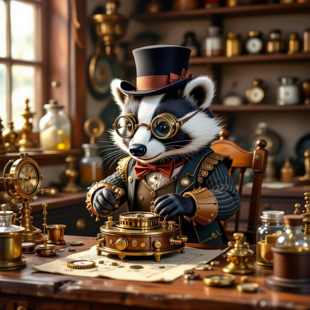 A whimsical, miniature steam-powered automaton shaped like a badger, complete with tiny goggles and a bowler hat, meticulously polishes a co...