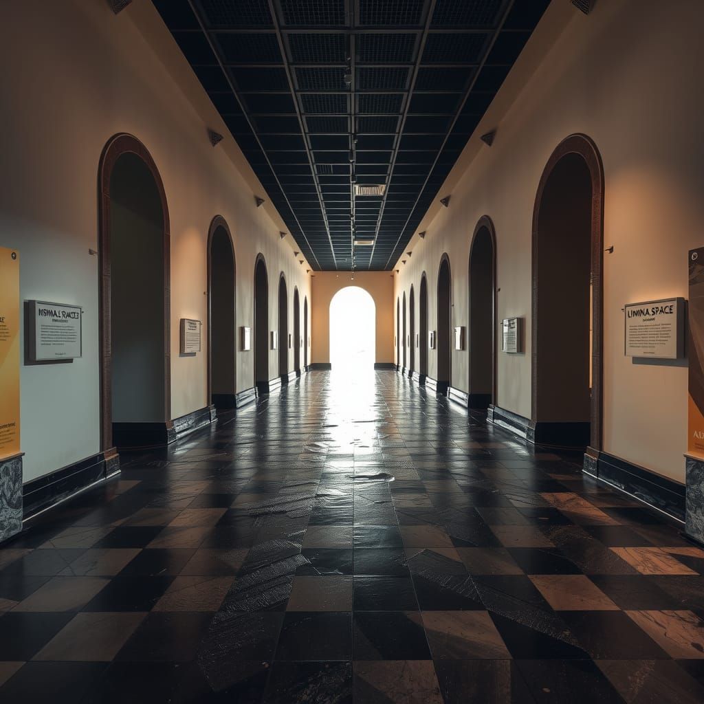 museum of liminal space. , . The floor is wet and tiled with...