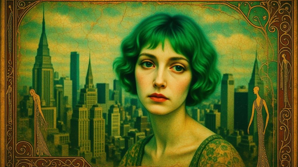 VICTORIAN WOMAN, GREEN HAIR, NYC, stylized portraiture, ornate gilded filigree frame, aged photo in the style of Auratum <lora:Auratum Genes...