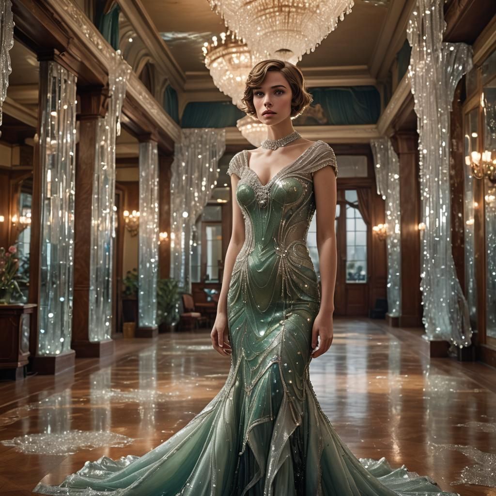 She wears a long dress with short sleeves, a cowl neckline a...