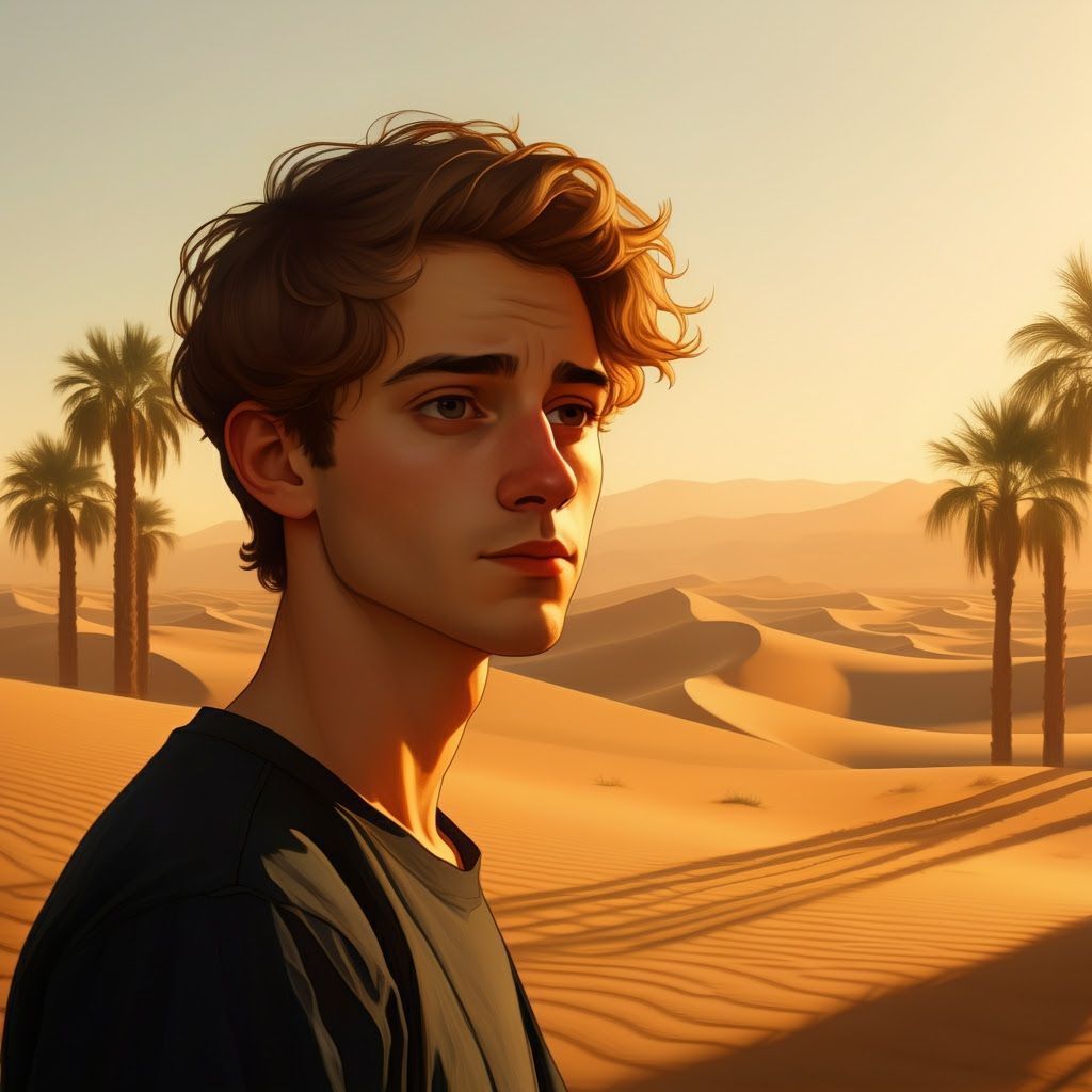 Young Man in Desert Sunset, Painterly Style