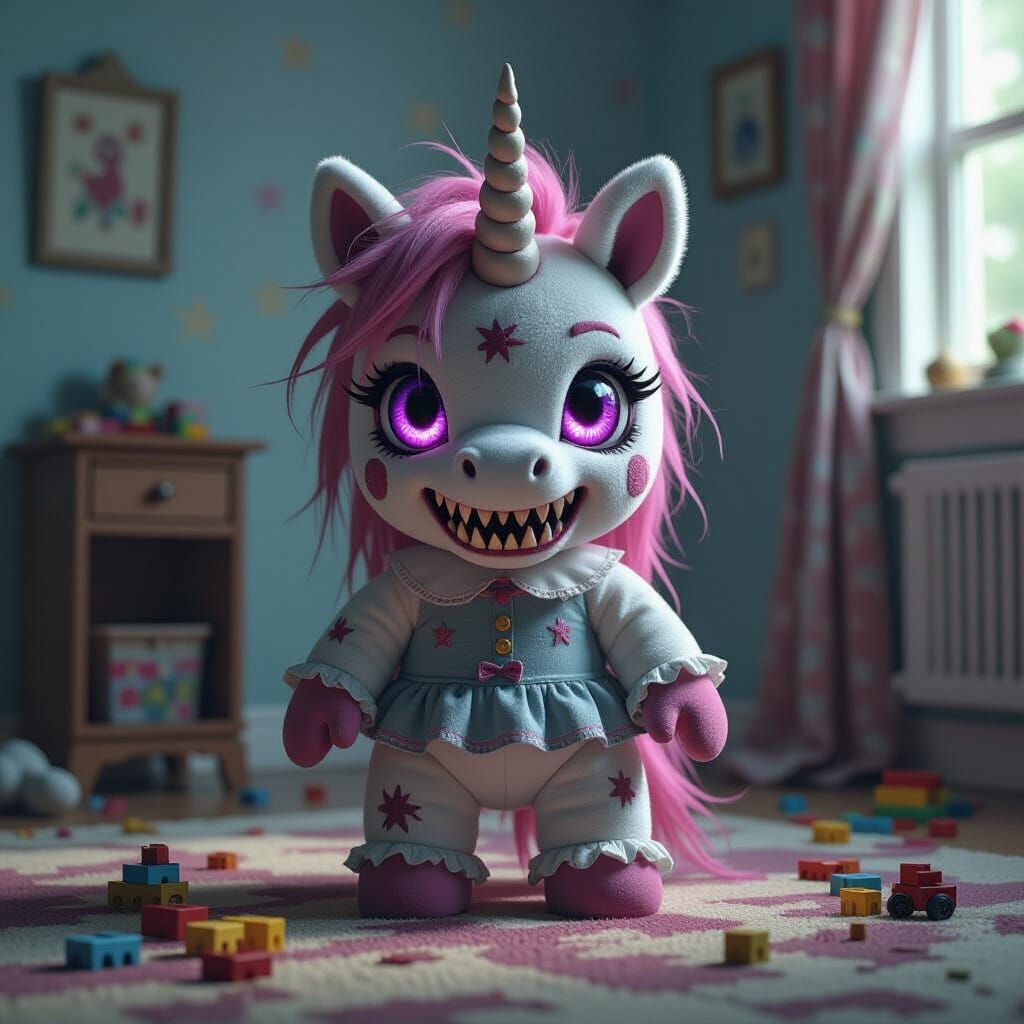 A once-adorable plush unicorn, now stitched with razor-sharp, metallic fangs and glowing purple eyes. ...  by @Susi