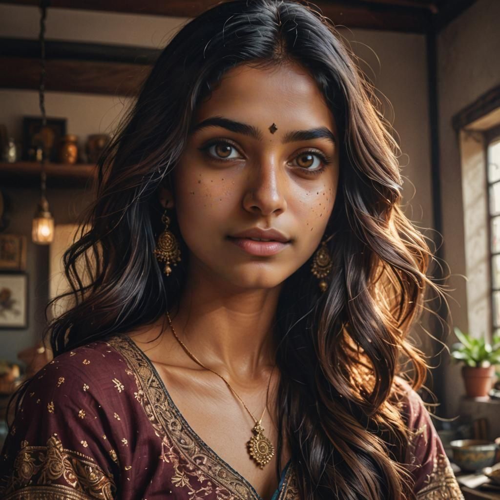 instagram selfie, upper body, a 23 year old gorgeous indian woman, small  breast, slight smirk, detailed skin face and eyes, natural lighting... - AI  Generated Artwork - NightCafe Creator