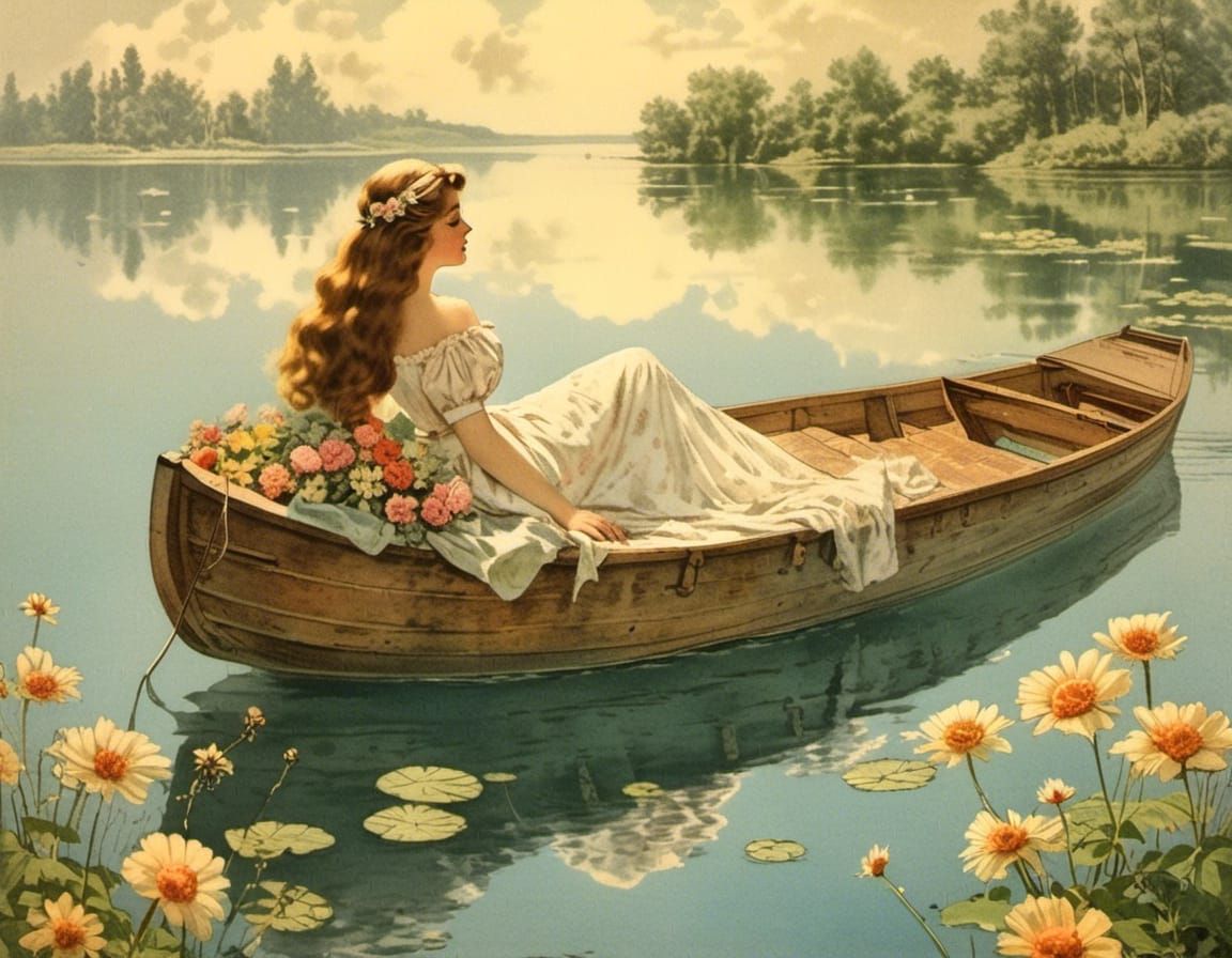 Vintagetuned illustration<lora:Vintagetuned:0.6> of a long-haired princess sat on a flower boat in the middle of a vast lake.