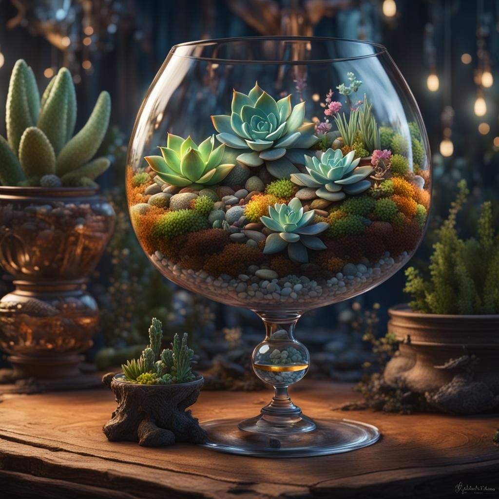 🏅a terrarium of succulents in a brandy snifter glass  by @Lady of the Thorns