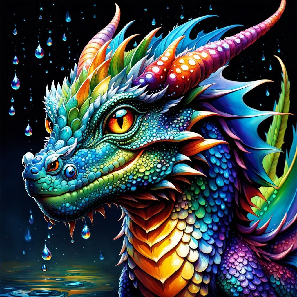 an amphibious young dragon with smooth multicolored scales, has water ...