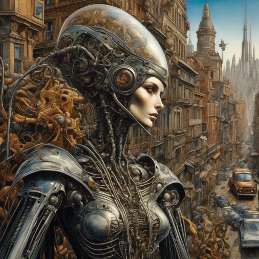 <lora:Extremely Yumi 2:1.0> An alien-scarecrow in ciberpunk city, hyper-detailed, hyper-realistic, science fiction ,masterpiece by H.R. Gige...