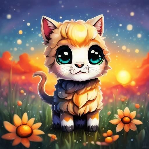 <lora:Cartoon bokeh v8:1.0> adorable chibified baby kitten, big round eyes, sunset meadow