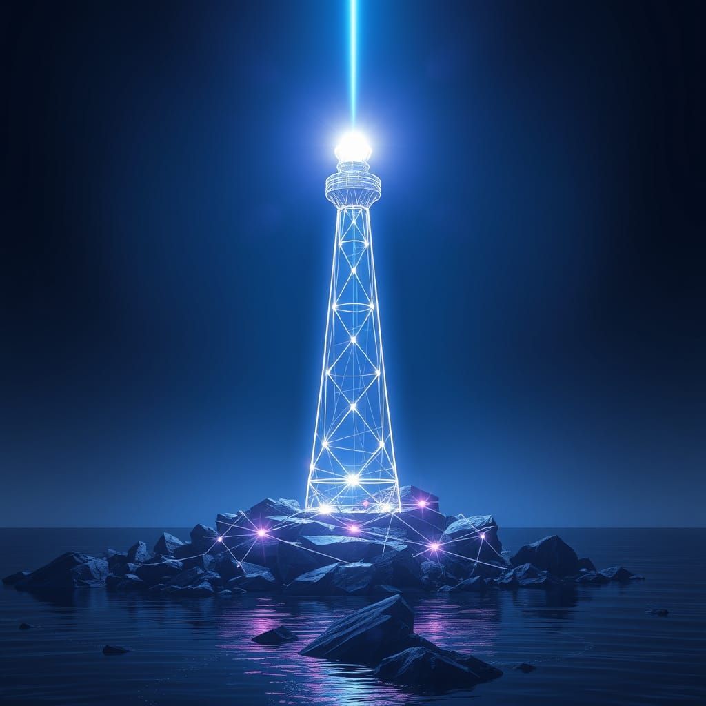 Futuristic Lighthouse on Rocky Shore in Holographic Style