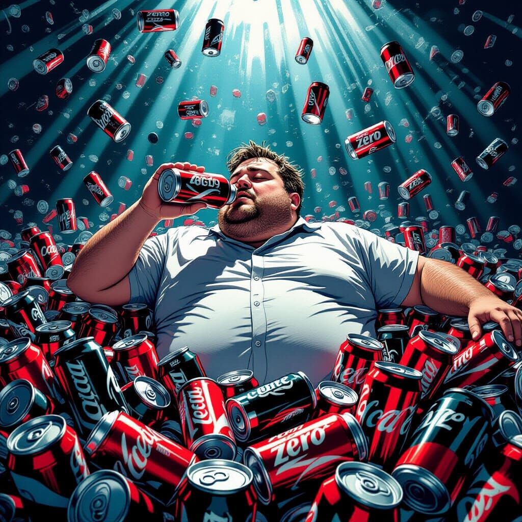 Overweight Man Drowning in Coca-Cola Zero